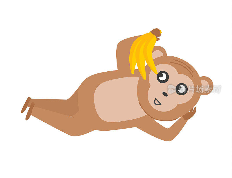 The monkey is laying on its side. The monkey is holding bananas. Vector illustration.